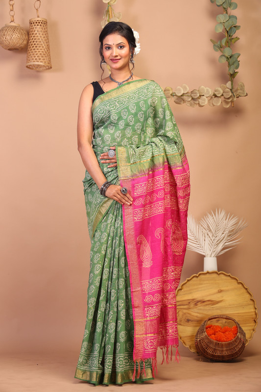 Bhagalpuri Cotton Silk Green & Pink Hand Block Ethnic Saree With Blouse