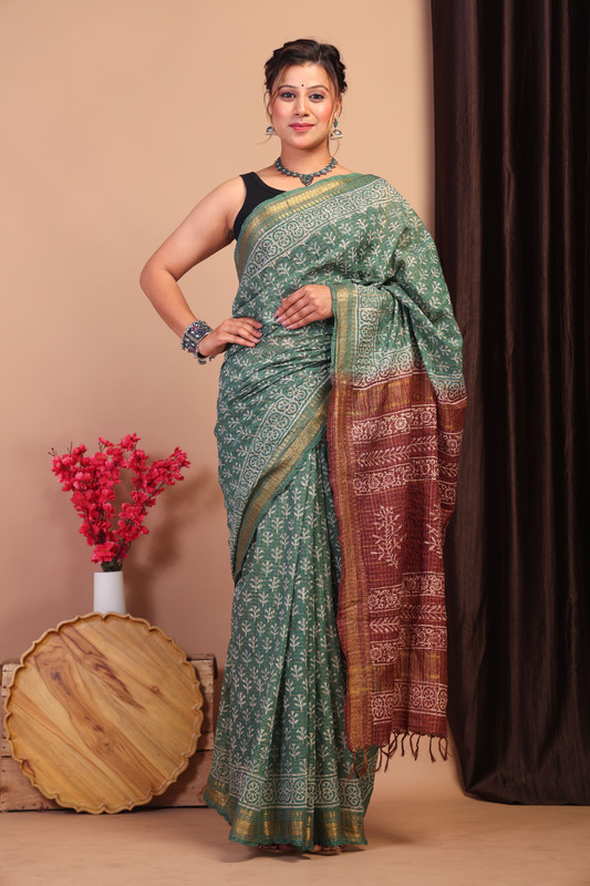 Bhagalpuri Cotton Silk Green & Brown Hand Block Ethnic Saree With Blouse