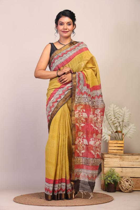 Bhagalpuri Cotton Silk Olive Green & Red Hand Block Ethnic Saree With Blouse