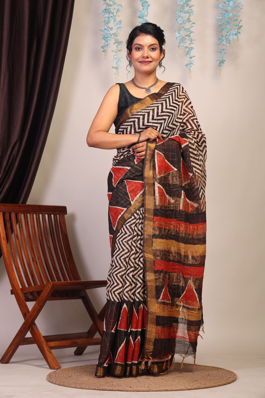 Bhagalpuri Cotton Silk Multicolor Hand Block Ethnic Saree With Blouse