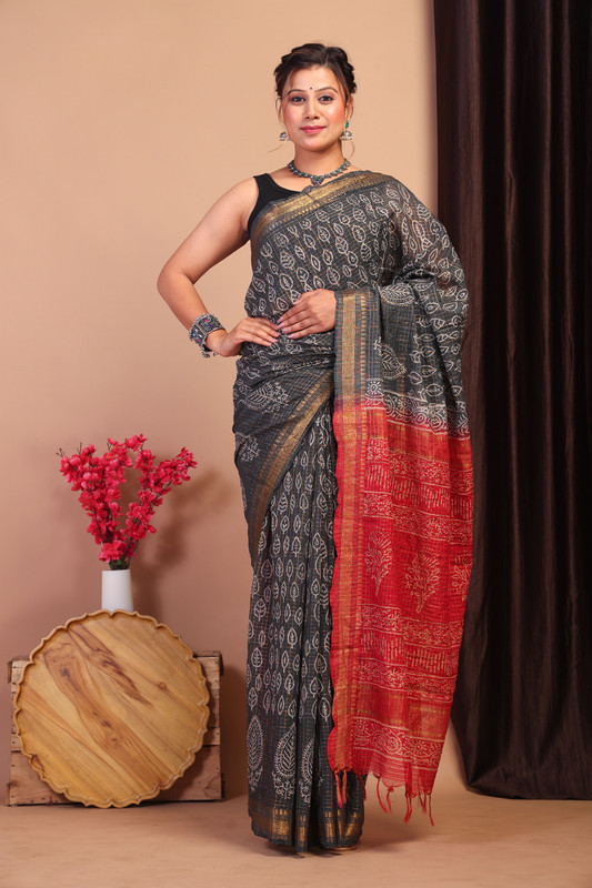 Bhagalpuri Cotton Silk Black & Red Hand Block Ethnic Saree With Blouse