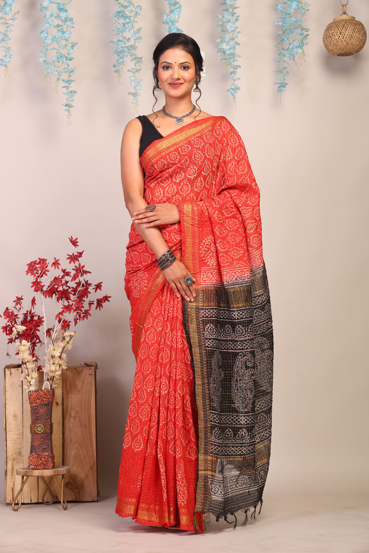 Bhagalpuri Cotton Silk Red & Black Hand Block Ethnic Saree With Blouse