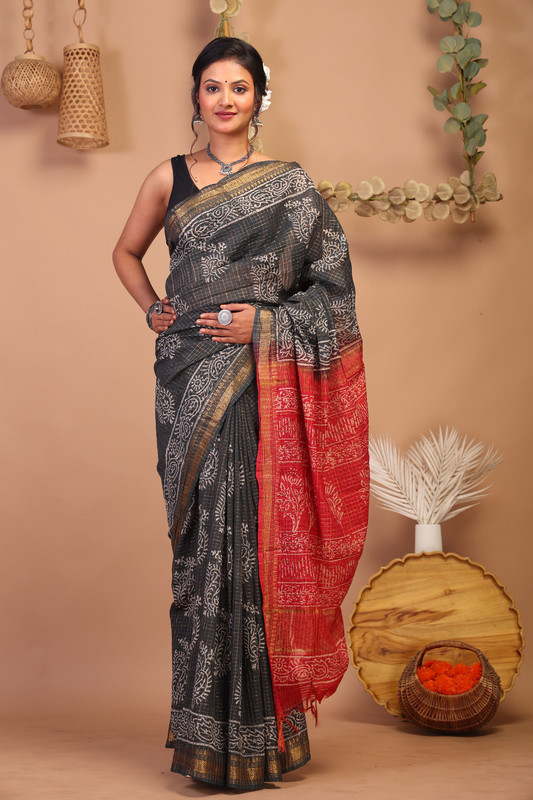 Bhagalpuri Cotton Silk Black & Red Hand Block Ethnic Saree With Blouse