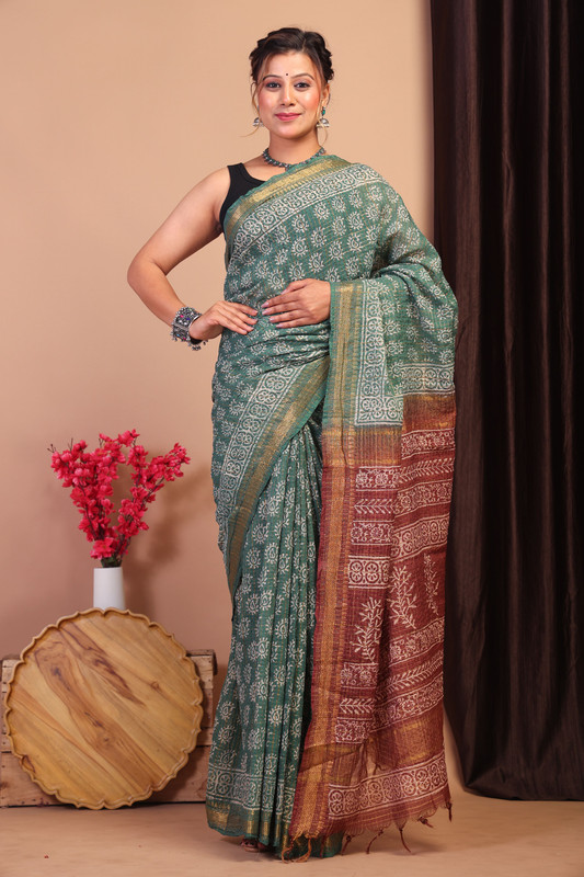 Bhagalpuri Cotton Silk Green & Brown Hand Block Ethnic Saree With Blouse