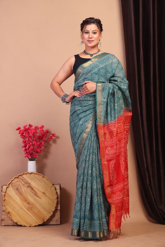 Bhagalpuri Cotton Silk Teal Green & Red Hand Block Ethnic Saree With Blouse