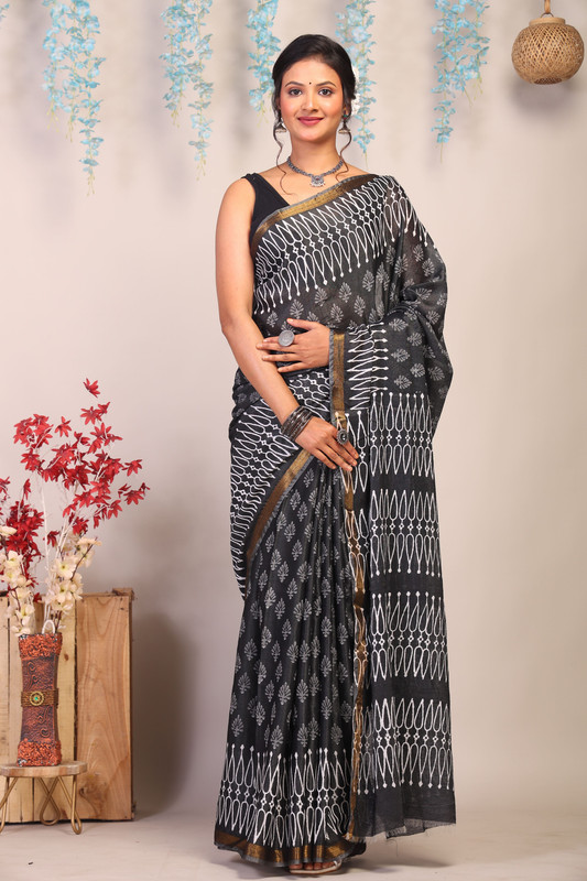 Bhagalpuri Cotton Silk Black & White Hand Block Ethnic Saree With Blouse