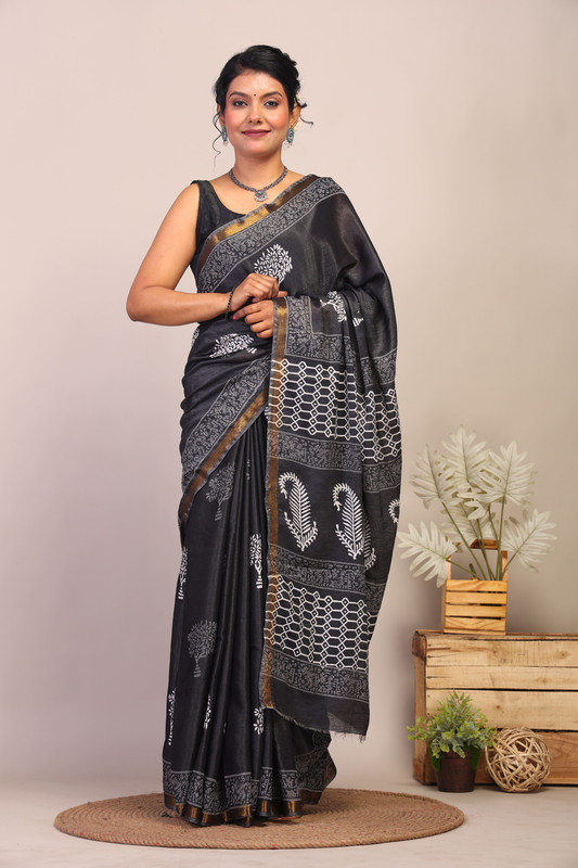 Bhagalpuri Cotton Silk Black & White Hand Block Ethnic Saree With Blouse
