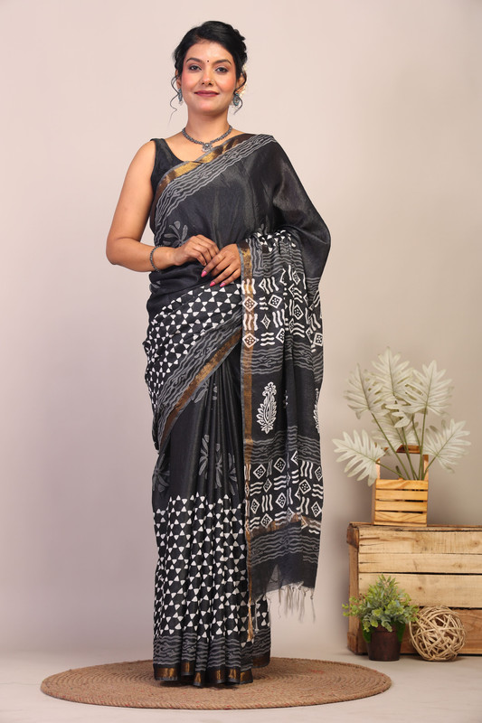 Bhagalpuri Cotton Silk Black & White Hand Block Ethnic Saree With Blouse