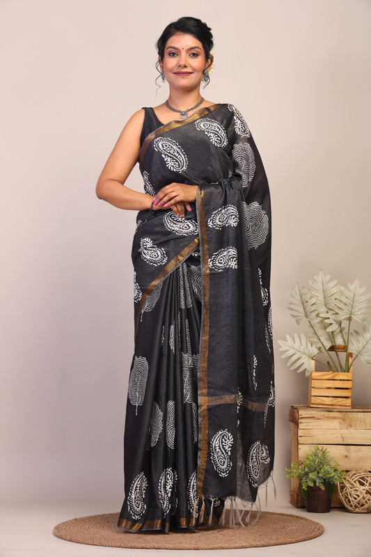 Bhagalpuri Cotton Silk Black & White Hand Block Ethnic Saree With Blouse