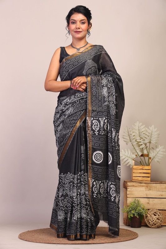 Bhagalpuri Cotton Silk Black & White Hand Block Ethnic Saree With Blouse