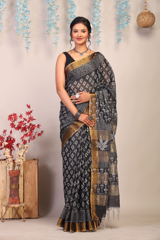 Bhagalpuri Cotton Silk Black & White Hand Block Ethnic Saree With Blouse