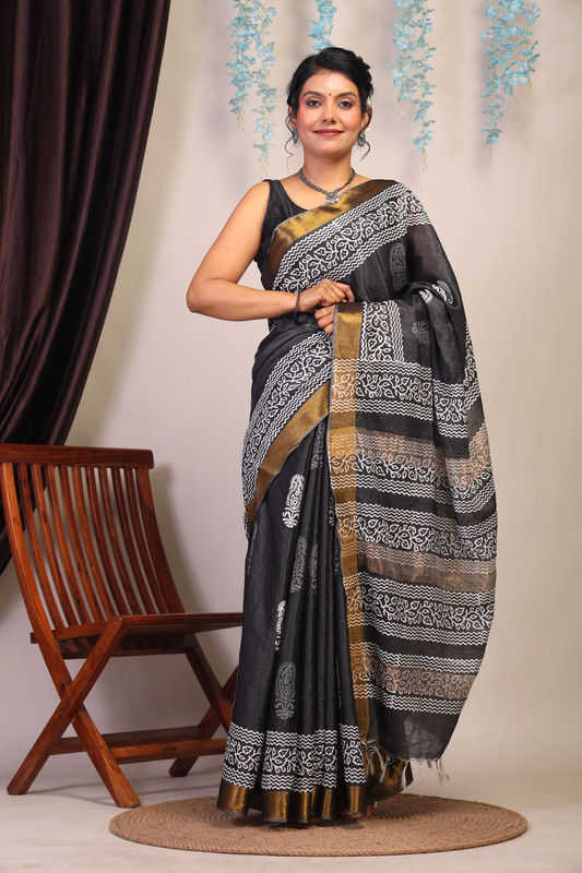 Bhagalpuri Cotton Silk Black & White Hand Block Ethnic Saree With Blouse