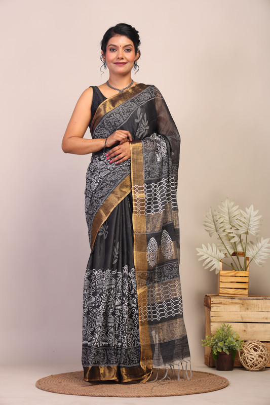 Bhagalpuri Cotton Silk Black & White Hand Block Ethnic Saree With Blouse