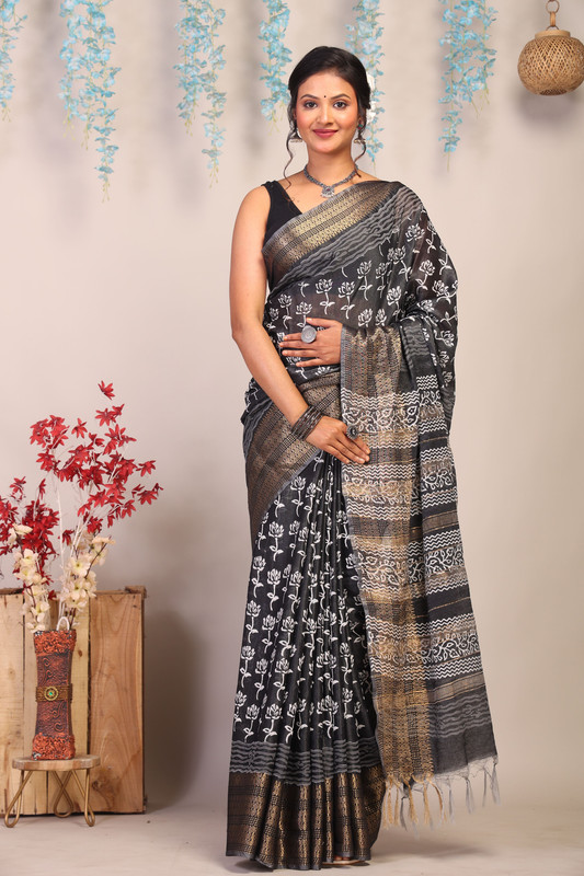Bhagalpuri Cotton Silk Black & White Hand Block Ethnic Saree With Blouse