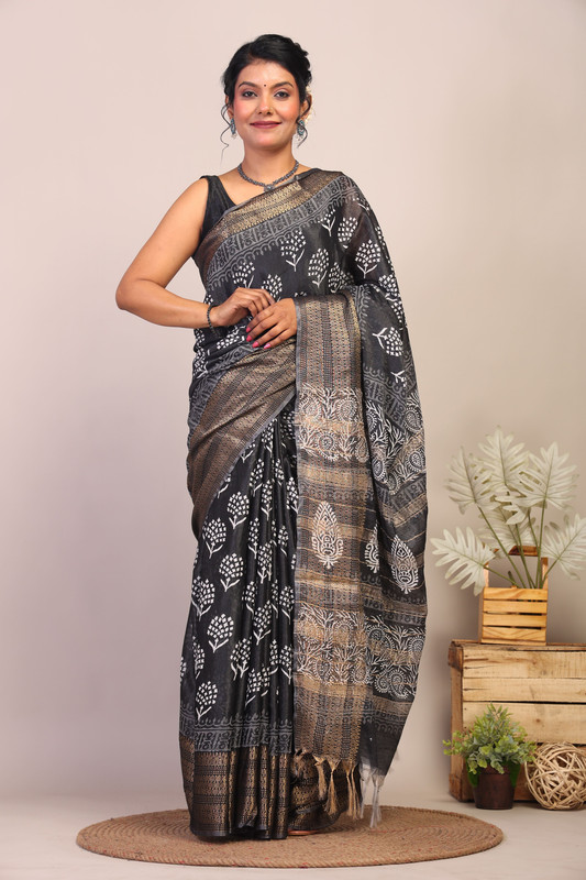 Bhagalpuri Cotton Silk Black & White Hand Block Ethnic Saree With Blouse