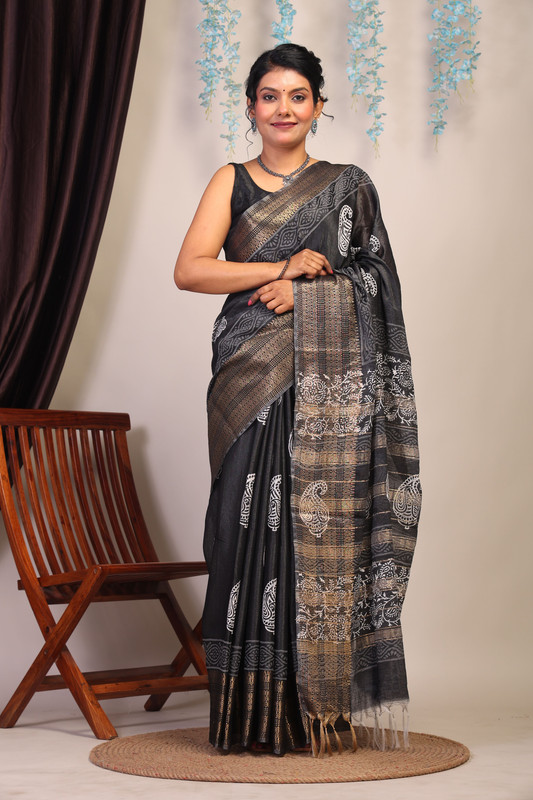 Bhagalpuri Cotton Silk Black & White Hand Block Ethnic Saree With Blouse