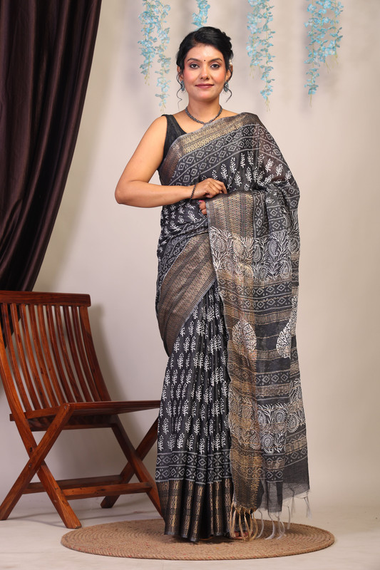 Bhagalpuri Cotton Silk Black & White Hand Block Ethnic Saree With Blouse