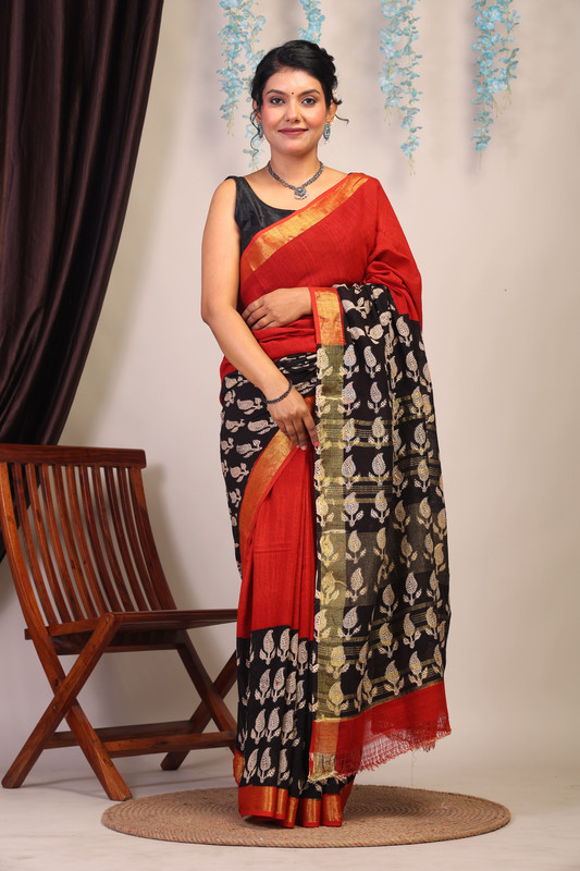 Bhagalpuri Cotton Linen Red & Black Hand Block Ethnic Saree With Blouse