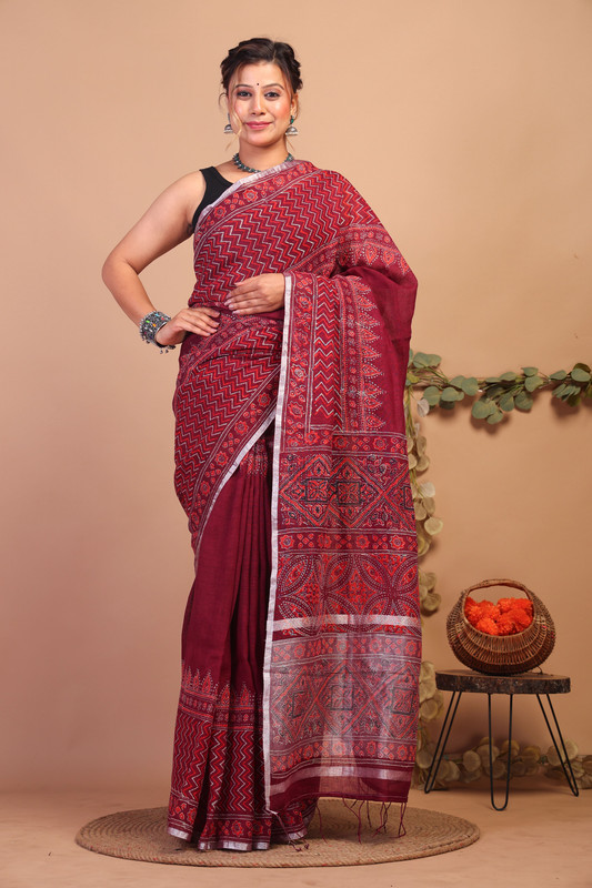 Bhagalpuri Pure Linen Maroon Hand Block Ethnic Saree With Blouse