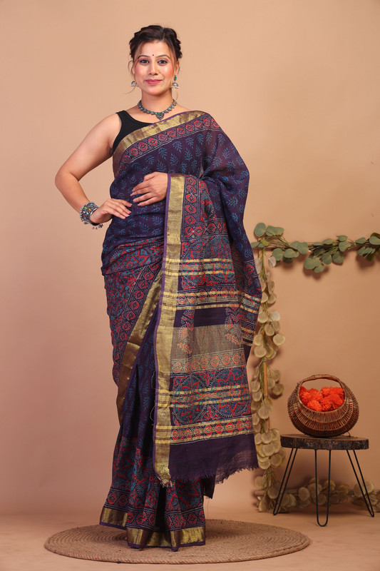 Bhagalpuri Pure Linen Dark Purple Hand Block Ethnic Saree With Blouse