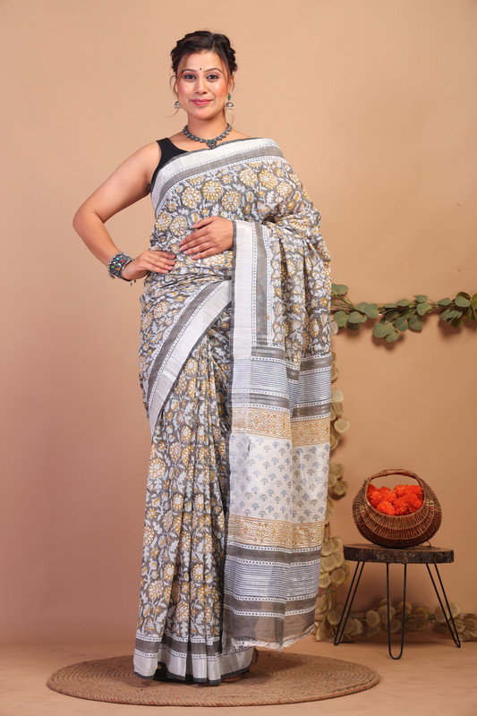 Bhagalpuri Cotton Linen Multicolor Pigment (Hand Block) Ethnic Saree With Blouse