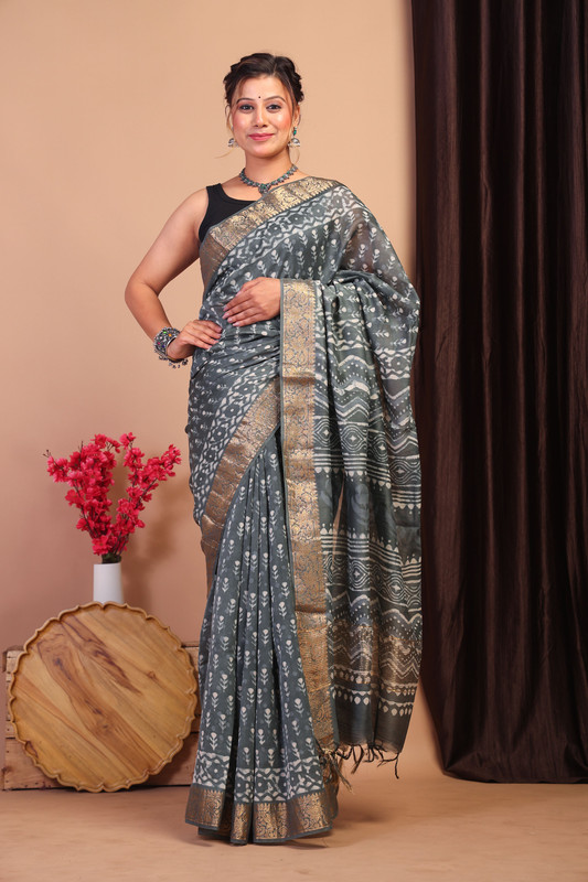 Bhagalpuri Cotton Silk Gray Hand Block Ethnic Saree With Blouse