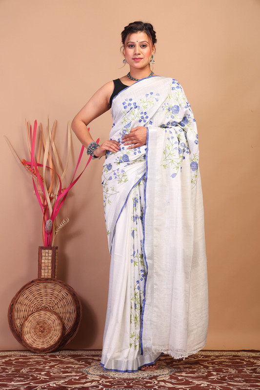 Bhagalpuri Cotton Linen White Embroidered Ethnic Saree With Blouse