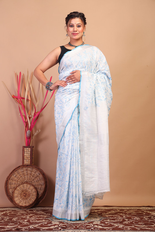 Bhagalpuri Cotton Linen White Embroidered Ethnic Saree With Blouse