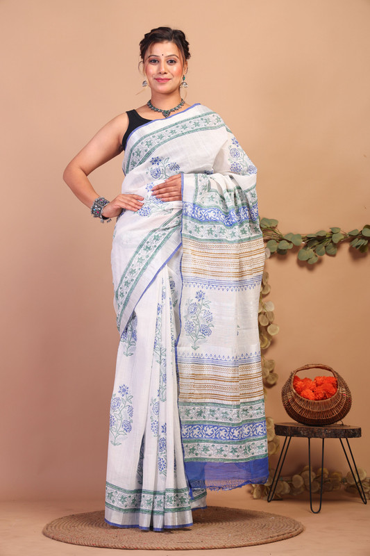 Bhagalpuri Cotton Linen White:Blue Pigment (Hand Block) Ethnic Saree With Blouse
