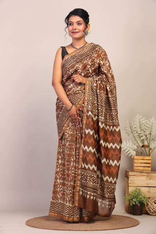 Bhagalpuri Cotton Silk Brown Hand Block Ethnic Saree With Blouse