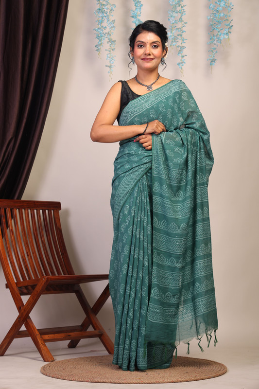 Bhagalpuri Cotton Silk Teal Green Hand Block Ethnic Saree With Blouse
