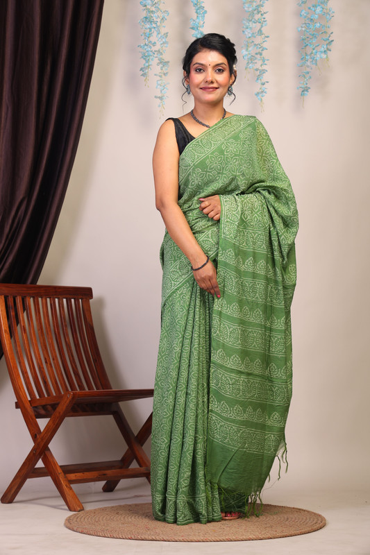 Bhagalpuri Cotton Silk Green Hand Block Ethnic Saree With Blouse
