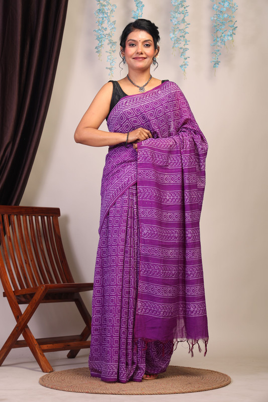 Bhagalpuri Cotton Silk Purple Hand Block Ethnic Saree With Blouse