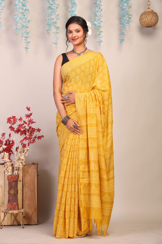 Bhagalpuri Cotton Silk Yellow Hand Block Ethnic Saree With Blouse