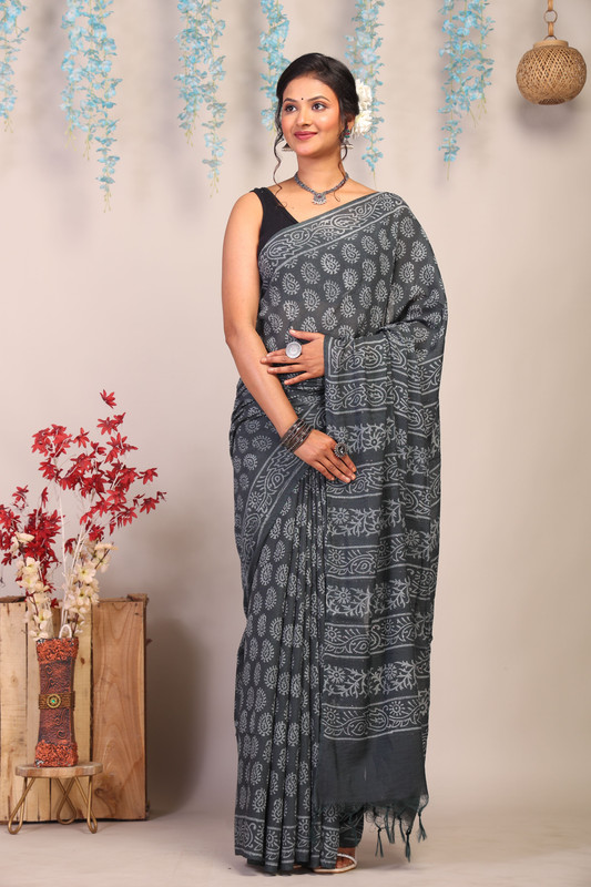 Bhagalpuri Cotton Silk Gray Hand Block Ethnic Saree With Blouse