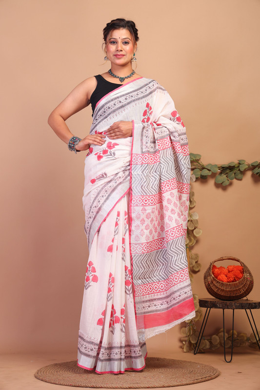 Bhagalpuri Cotton Linen White:Pink Pigment (Hand Block) Ethnic Saree With Blouse