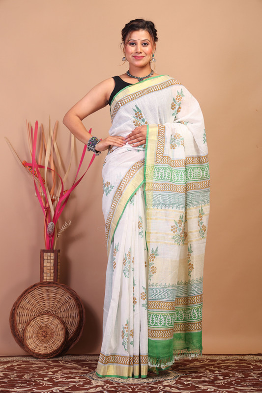 Bhagalpuri Cotton Linen White Hand Block Ethnic Saree With Blouse