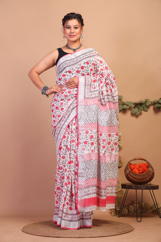 Bhagalpuri Cotton Linen Multicolor Pigment (Hand Block) Ethnic Saree With Blouse