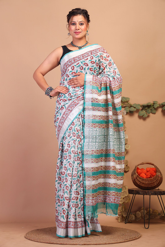 Bhagalpuri Cotton Linen Multicolor Pigment (Hand Block) Ethnic Saree With Blouse