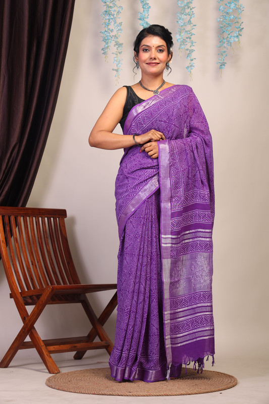 Bhagalpuri Cotton Linen Purple Hand Block Ethnic Saree With Blouse