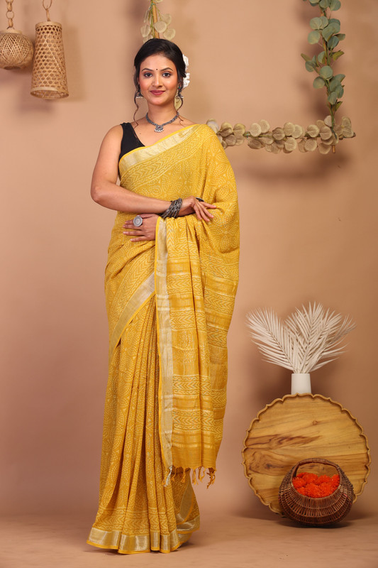 Bhagalpuri Cotton Linen Yellow Hand Block Ethnic Saree With Blouse