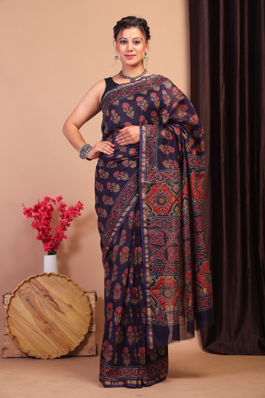 Bhagalpuri Cotton Silk Purple Hand Block Ethnic Saree With Blouse