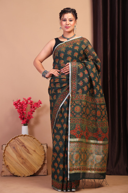 Bhagalpuri Pure Linen Rama Green Hand Block Ethnic Saree With Blouse