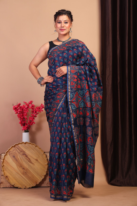Bhagalpuri Cotton Silk Navy Blue Hand Block Ethnic Saree With Blouse