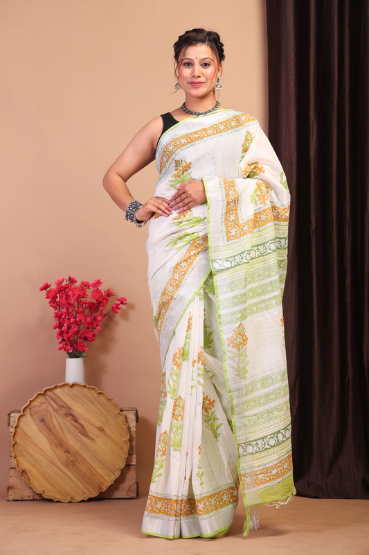Bhagalpuri Cotton Linen Multicolor Pigment (Hand Block) Ethnic Saree With Blouse