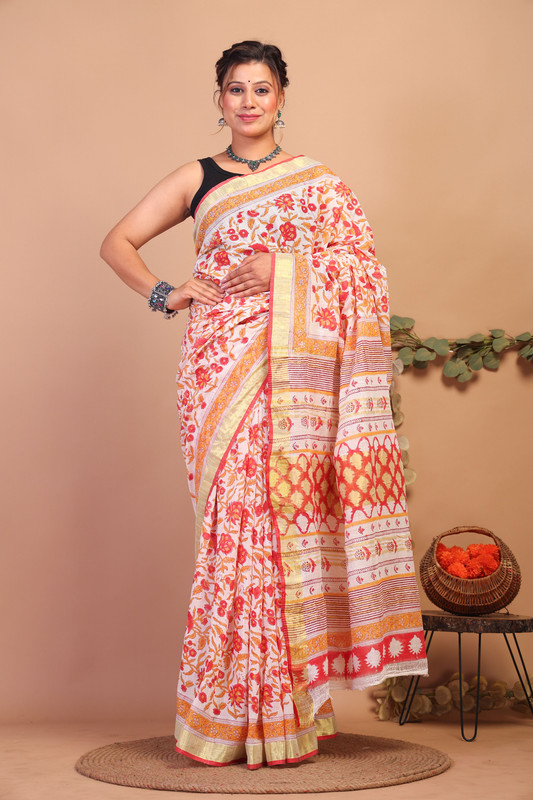 Bhagalpuri Cotton Linen Multicolor Hand Block Ethnic Saree With Blouse