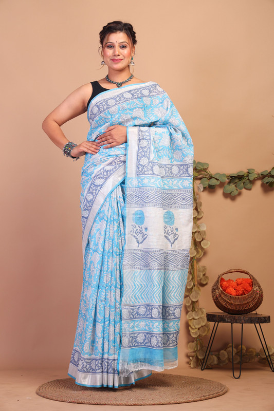 Bhagalpuri Cotton Linen Sky Blue Pigment (Hand Block) Ethnic Saree With Blouse