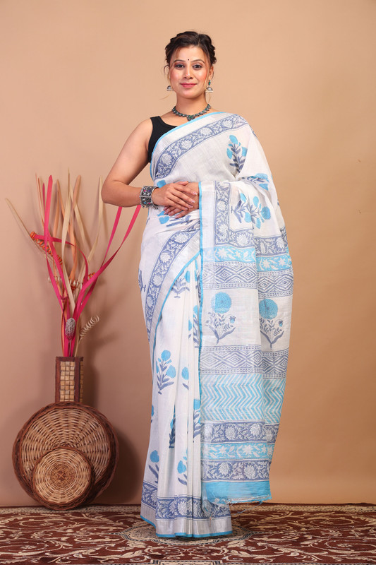Bhagalpuri Cotton Linen White:Blue Pigment (Hand Block) Ethnic Saree With Blouse