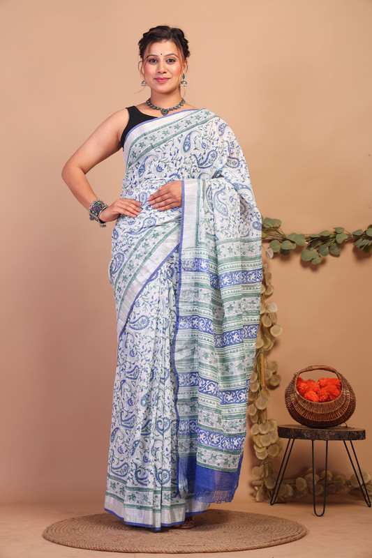 Bhagalpuri Cotton Linen Multicolor Pigment (Hand Block) Ethnic Saree With Blouse