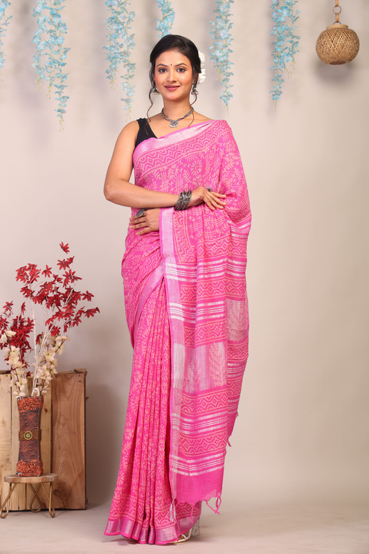 Bhagalpuri Cotton Linen Pink Hand Block Ethnic Saree With Blouse